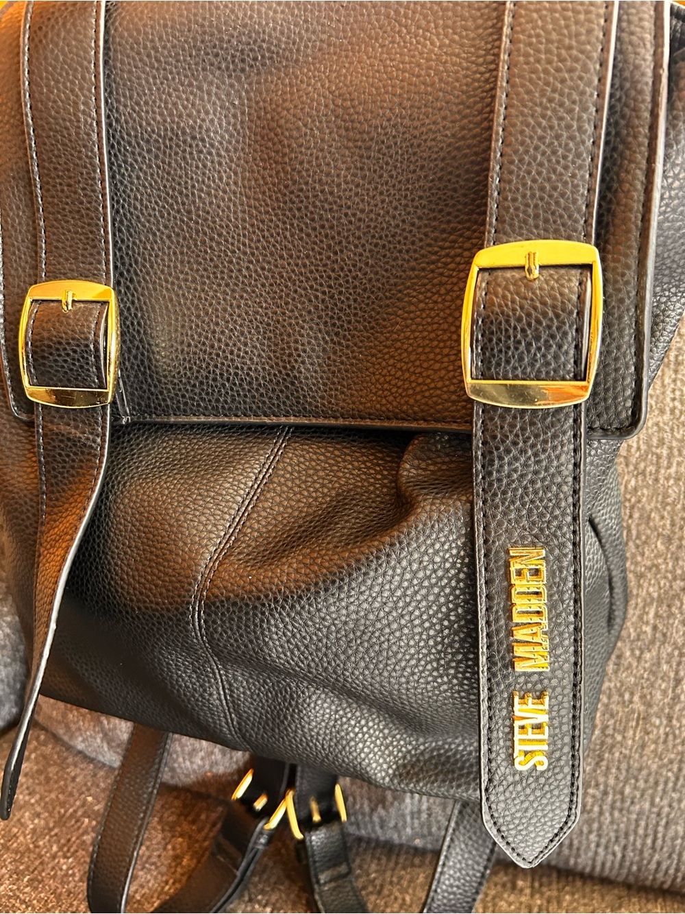 Steve Madden Black Pebbled Leather Backpack with Gold Accents